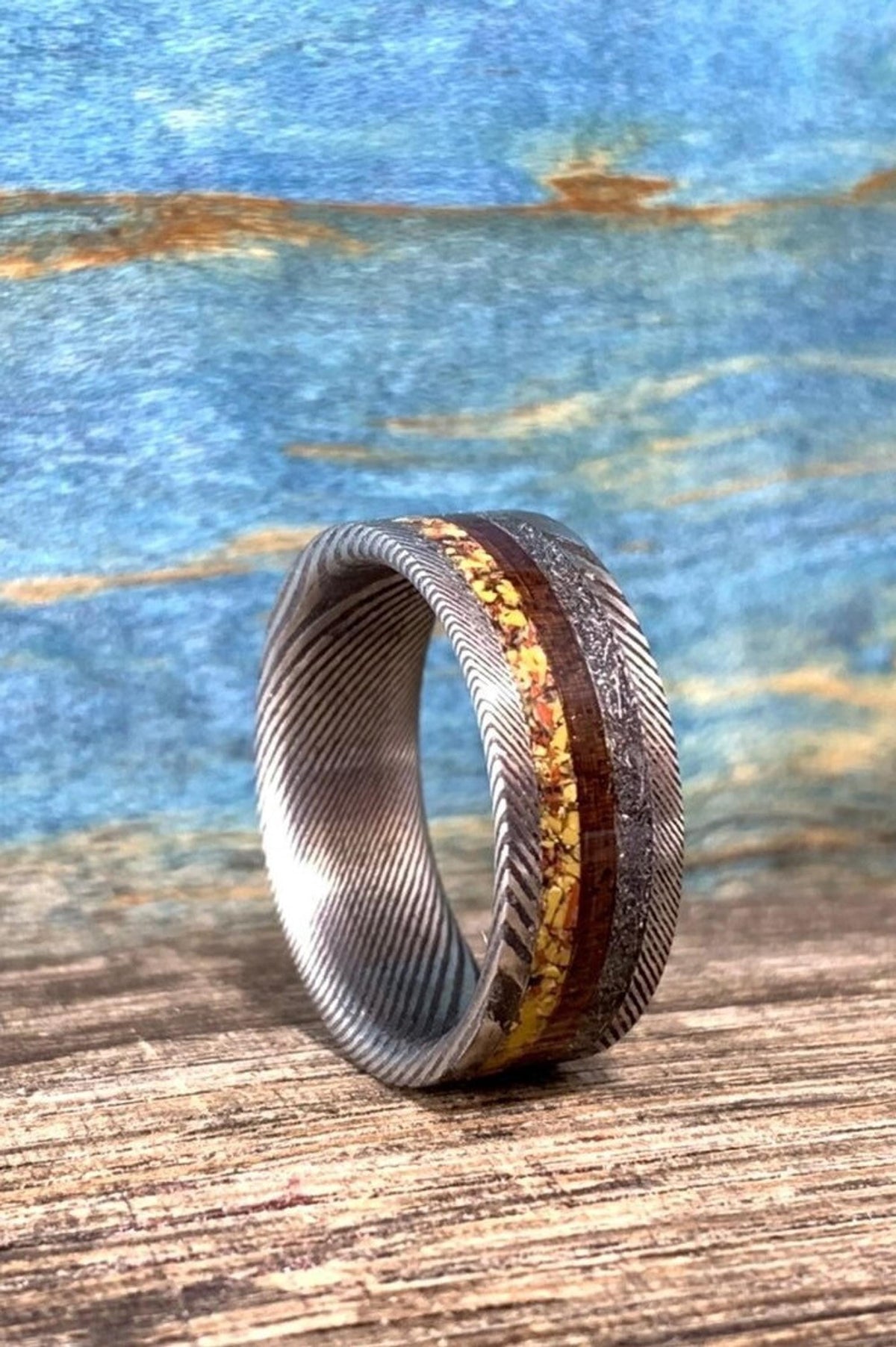 Damascus Steel Ring with Koa, Meteorite and Dinosaur Bone Inlay - Men's Wedding Band