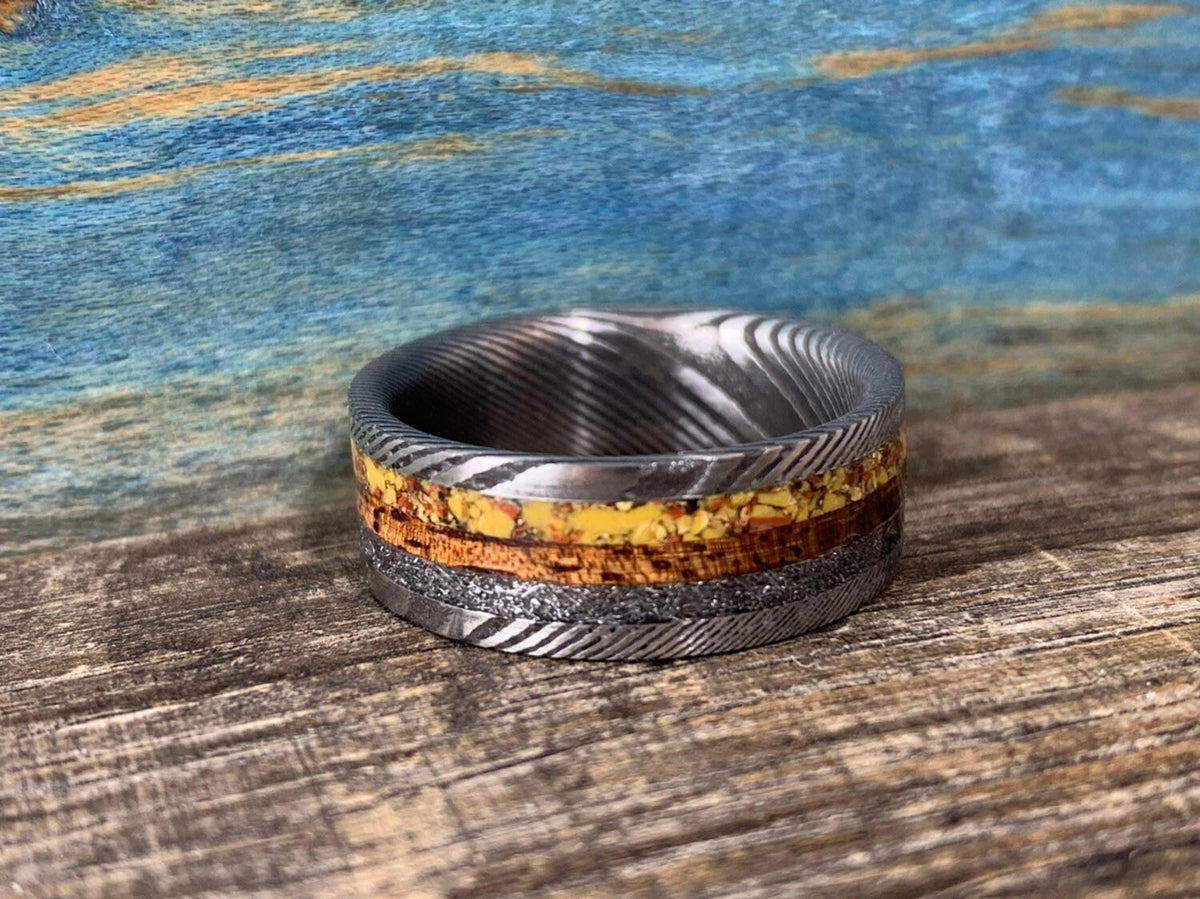 Damascus Steel Ring with Koa, Meteorite and Dinosaur Bone Inlay - Men's Wedding Band