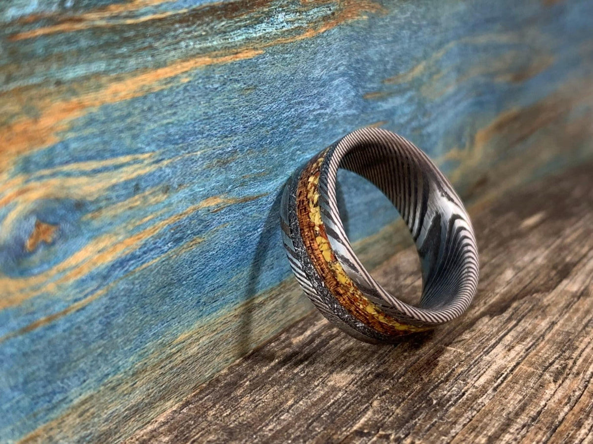 Damascus Steel Ring with Koa, Meteorite and Dinosaur Bone Inlay - Men's Wedding Band