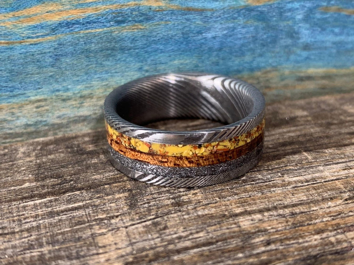 Damascus Steel Ring with Koa, Meteorite and Dinosaur Bone Inlay - Men's Wedding Band