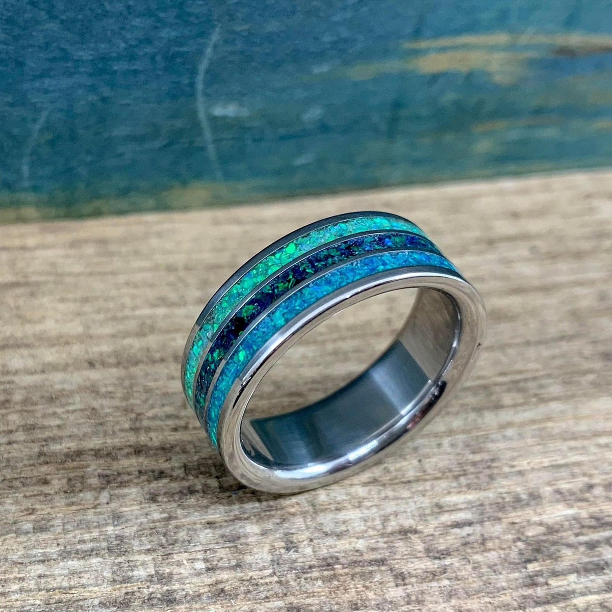 Men's Titanium Ring with Blue Opal Inlay - Custom Engraved Wedding Band