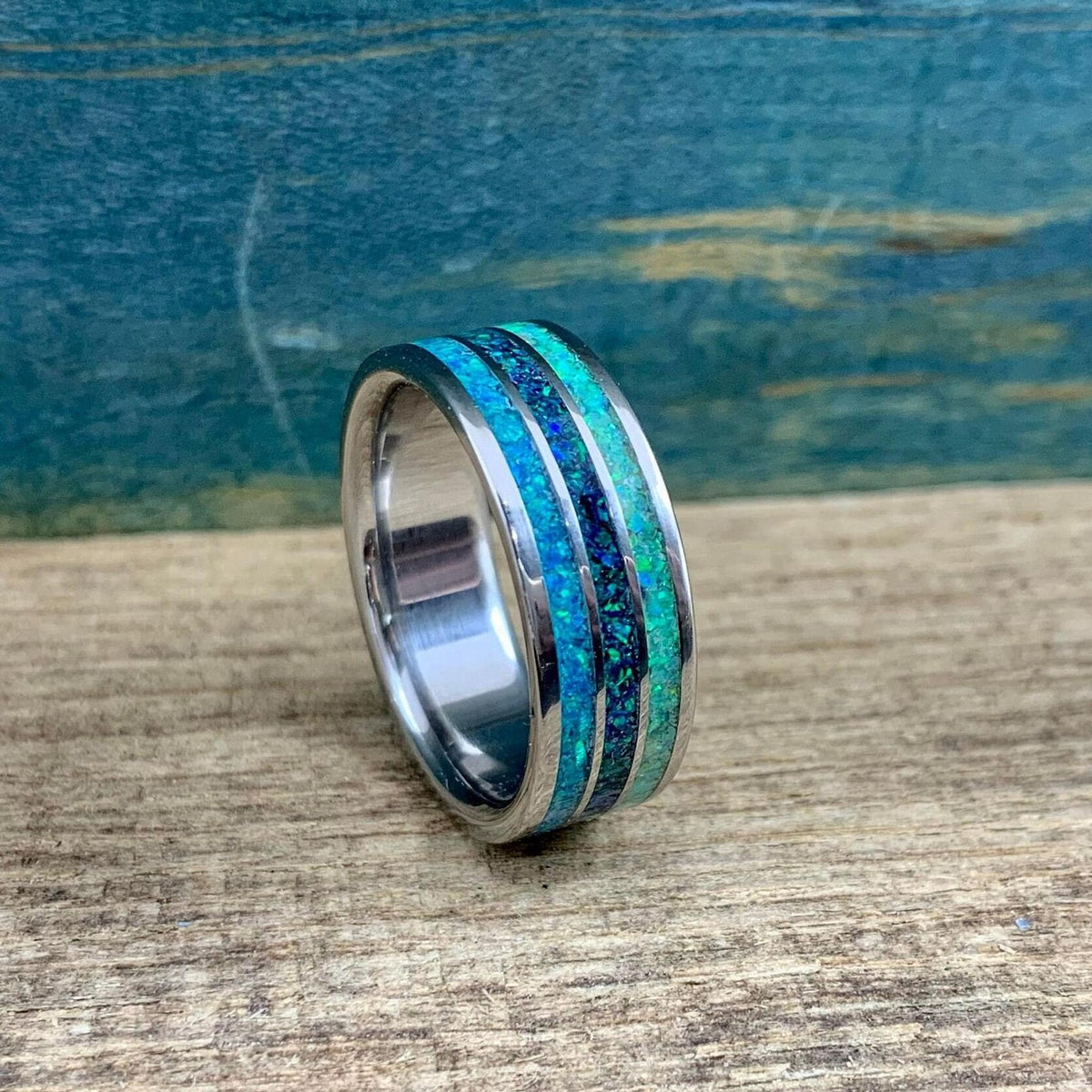 Men's Titanium Ring with Blue Opal Inlay - Custom Engraved Wedding Band