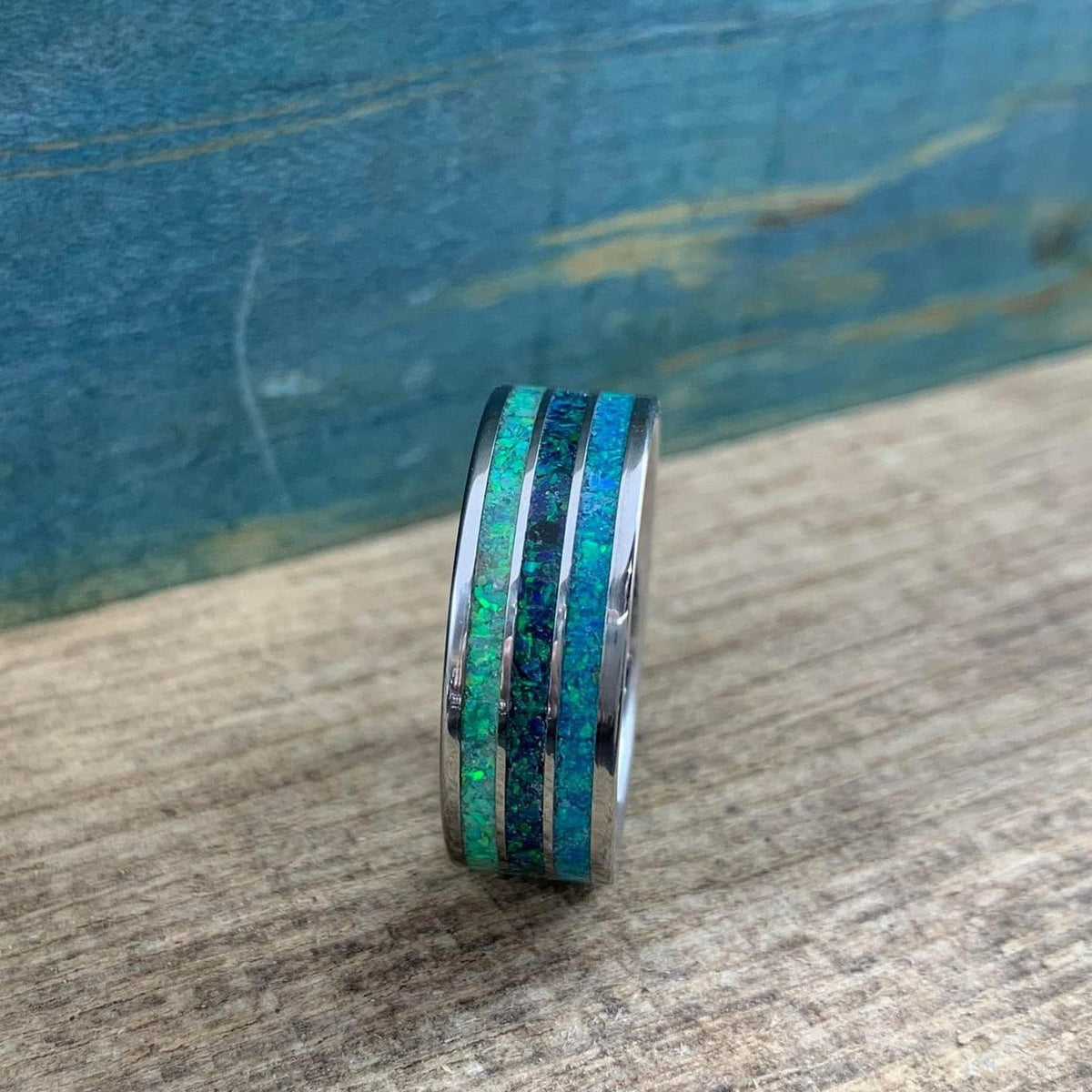 Men's Titanium Ring with Blue Opal Inlay - Custom Engraved Wedding Band