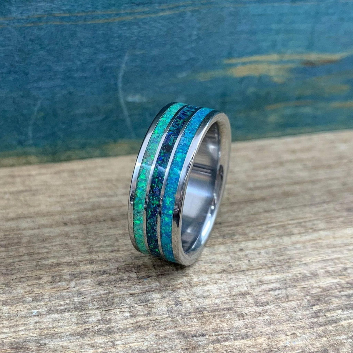 Men's Titanium Ring with Blue Opal Inlay - Custom Engraved Wedding Band