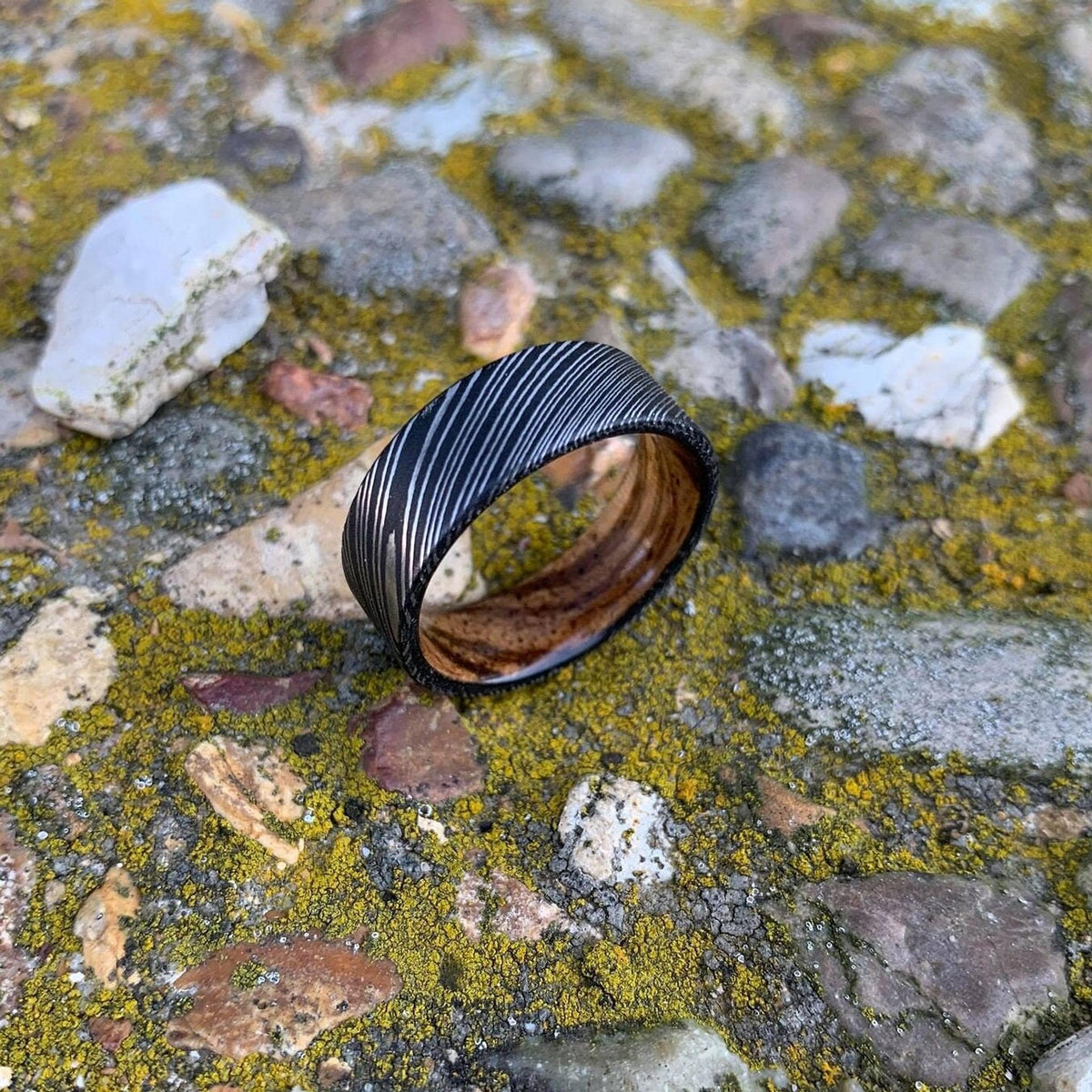 Damascus Steel Ring with Zebra Wood Inlay - Custom Wedding Band for Men
