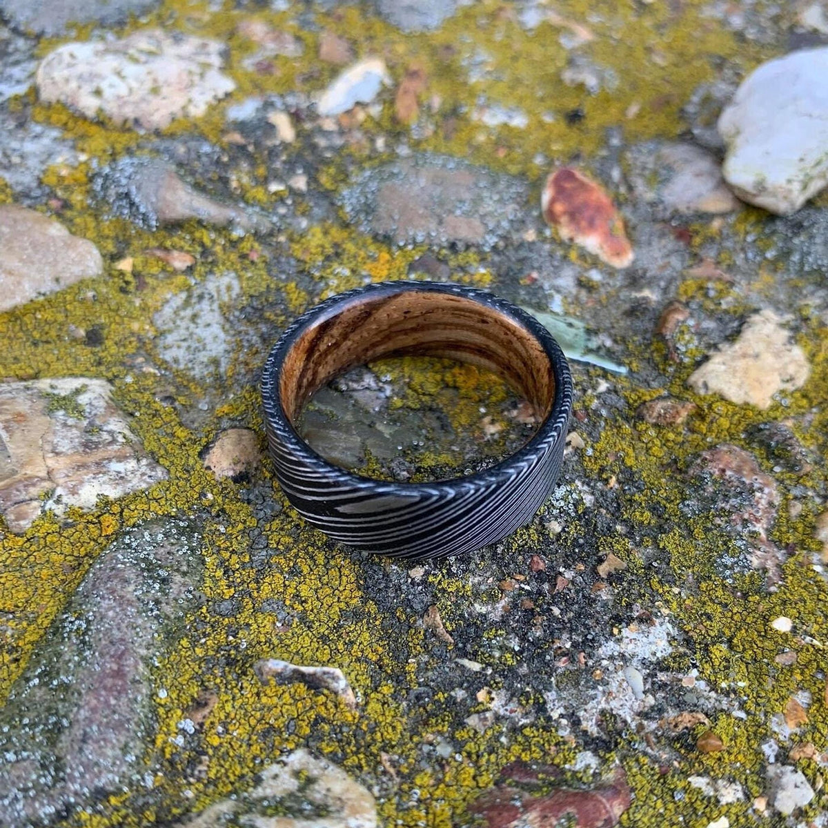 Damascus Steel Ring with Zebra Wood Inlay - Custom Wedding Band for Men