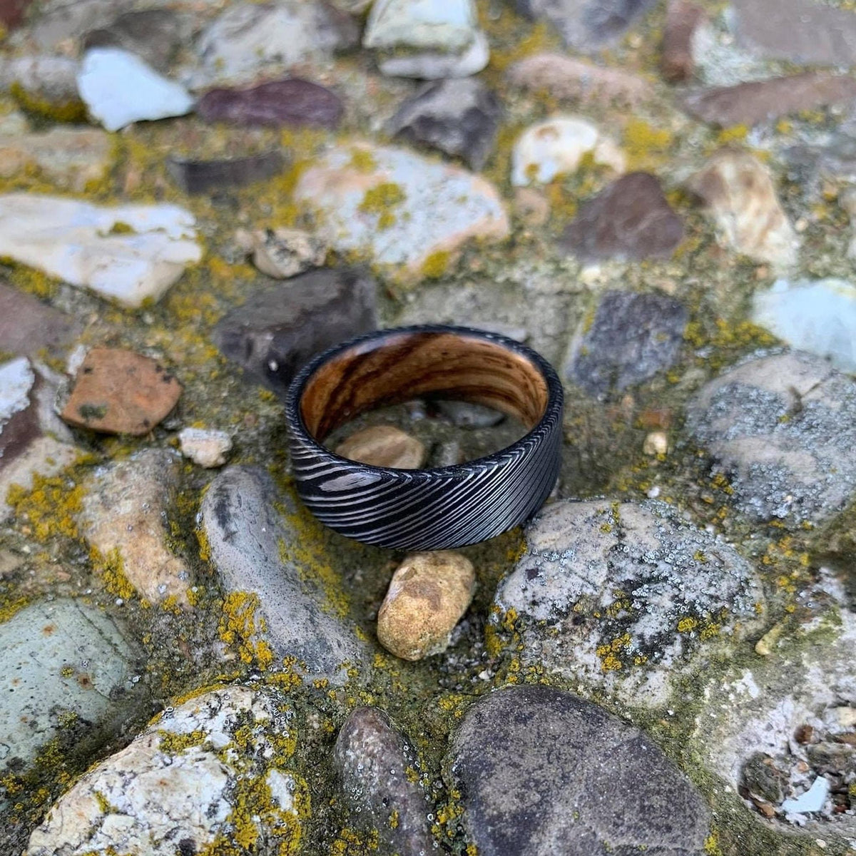 Damascus Steel Ring with Zebra Wood Inlay - Custom Wedding Band for Men