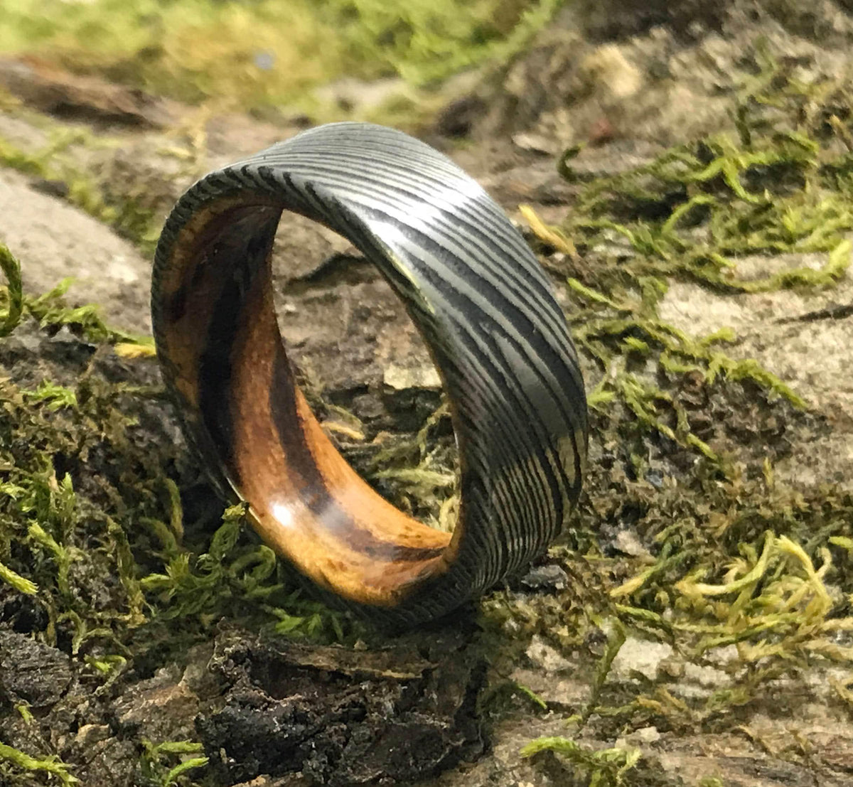 A Damascus steel ring with a zebrawood interior is angled on a mossy piece of bark, highlighting the wood grain and metal pattern.