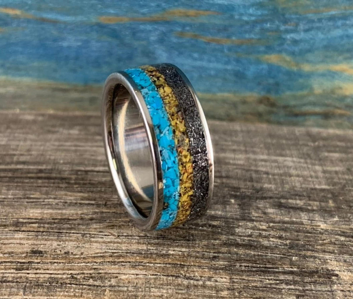 Meteorite Ring with Dinosaur Bone Inlay and Turquoise - Titanium Band