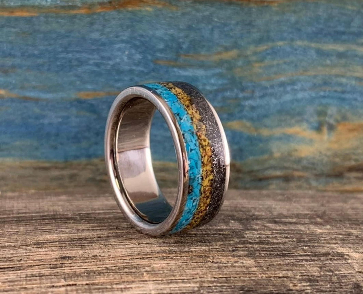 Meteorite Ring with Dinosaur Bone Inlay and Turquoise - Titanium Band