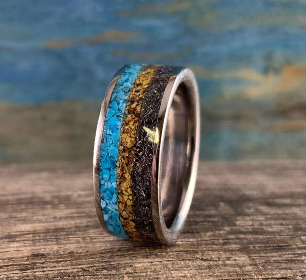 Meteorite Ring with Dinosaur Bone Inlay and Turquoise - Titanium Band
