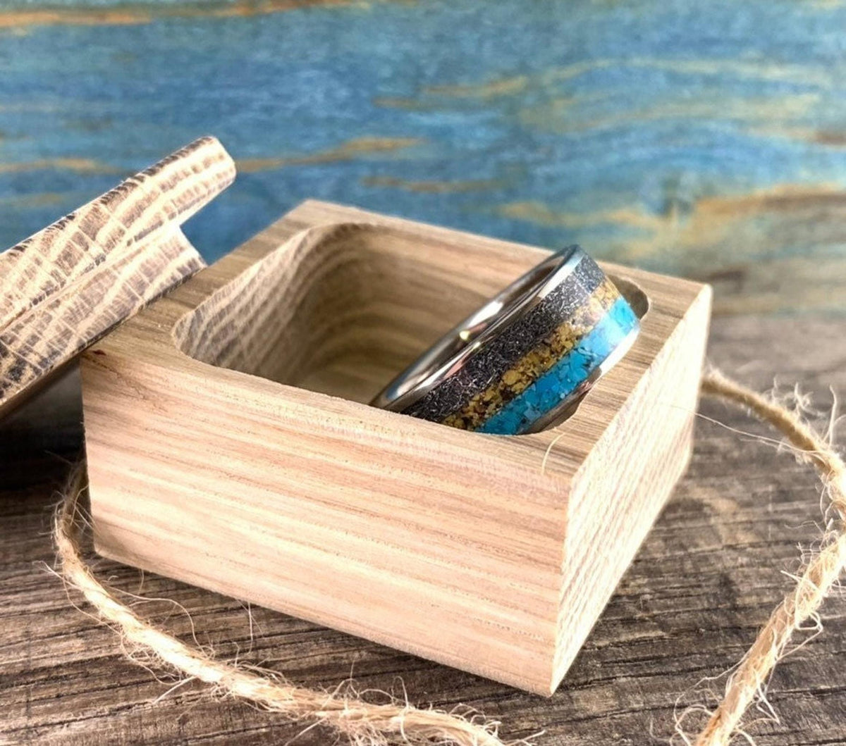 Meteorite Ring with Dinosaur Bone Inlay and Turquoise - Titanium Band