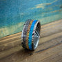 Damascus Steel Ring with Dinosaur Bone and Gibeon Meteorite Inlay