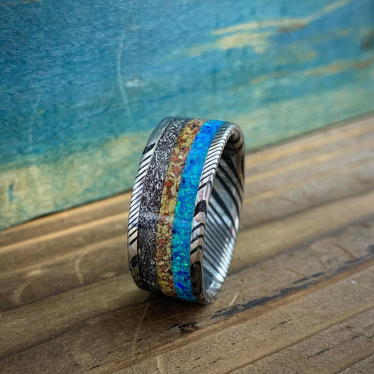Damascus Steel Ring with Dinosaur Bone and Gibeon Meteorite Inlay