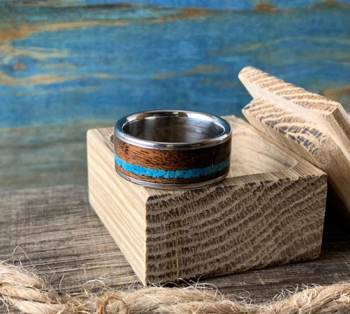 Titanium Ring Men - Custom Turquoise Wood Wedding Band