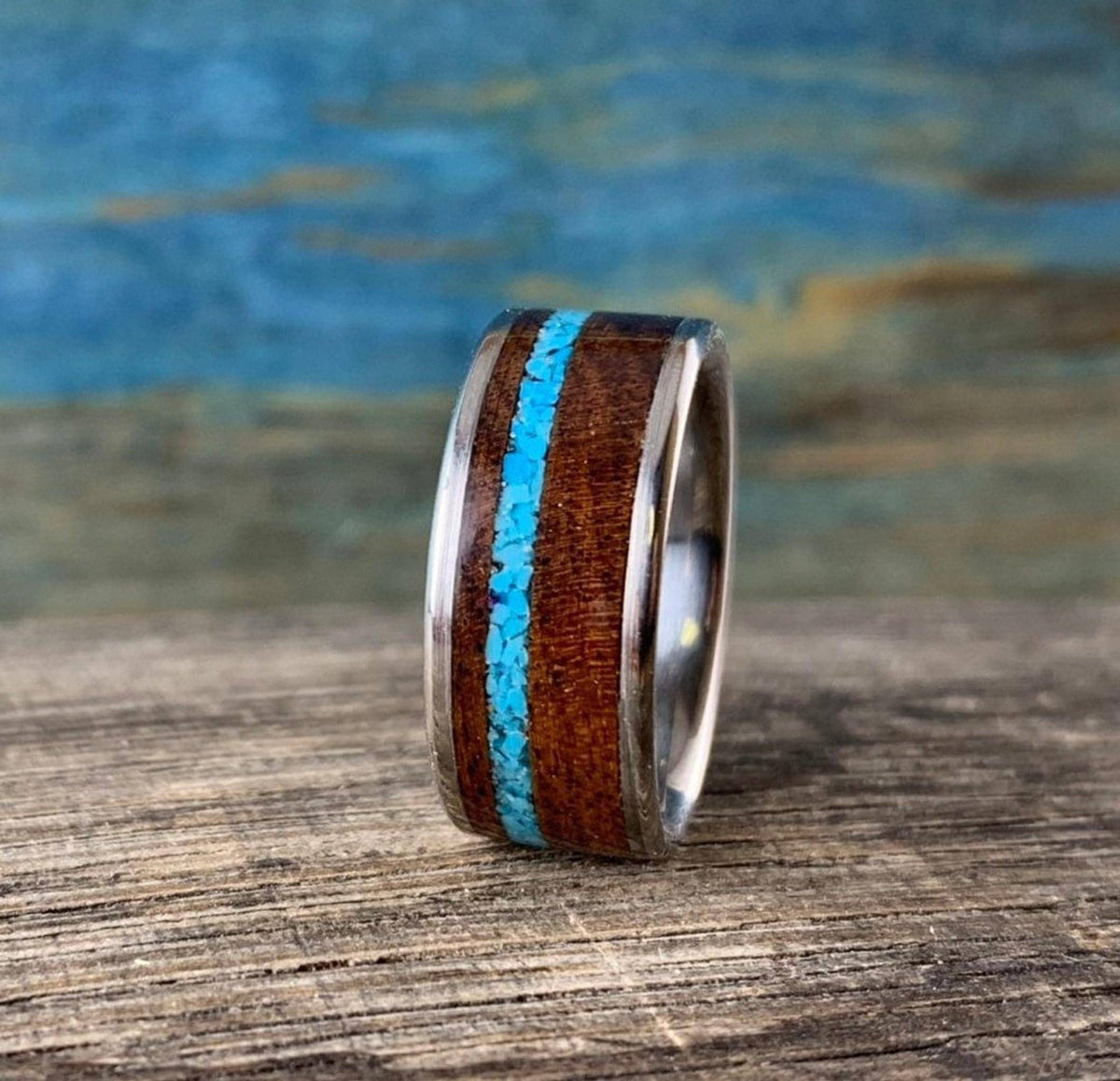 Titanium Ring Men - Custom Turquoise Wood Wedding Band