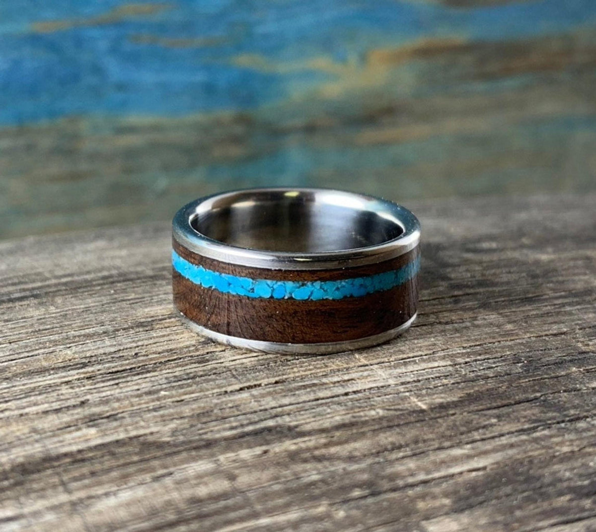 Titanium Ring Men - Custom Turquoise Wood Wedding Band