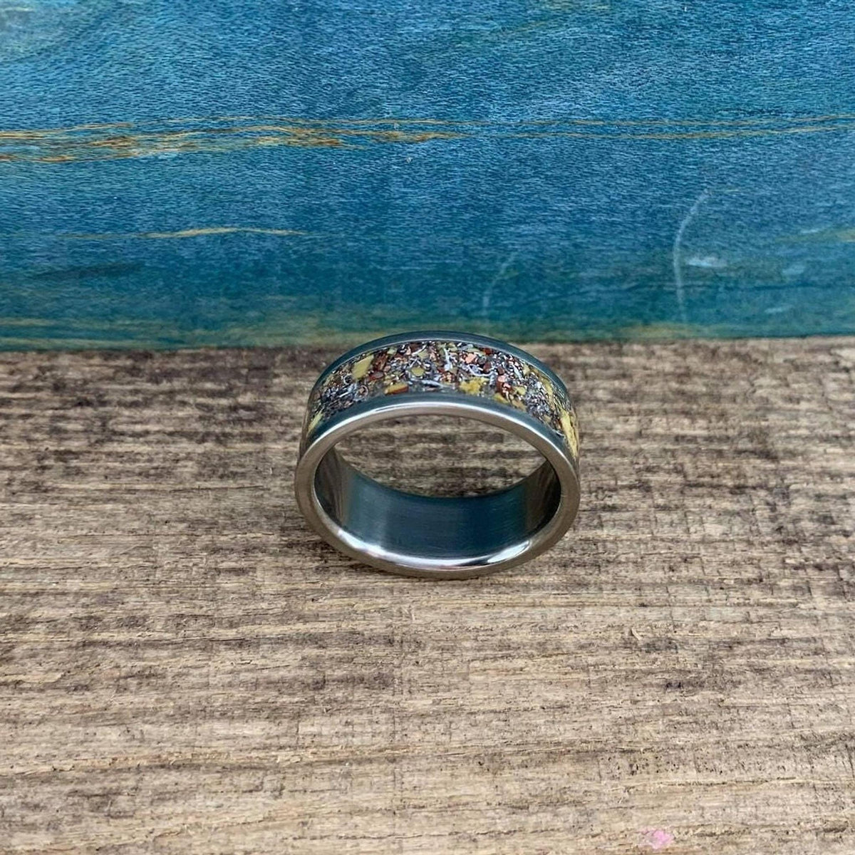 Meteorite Ring with Dinosaur Bone Inlay - Titanium Men's Wedding Band - Engraved