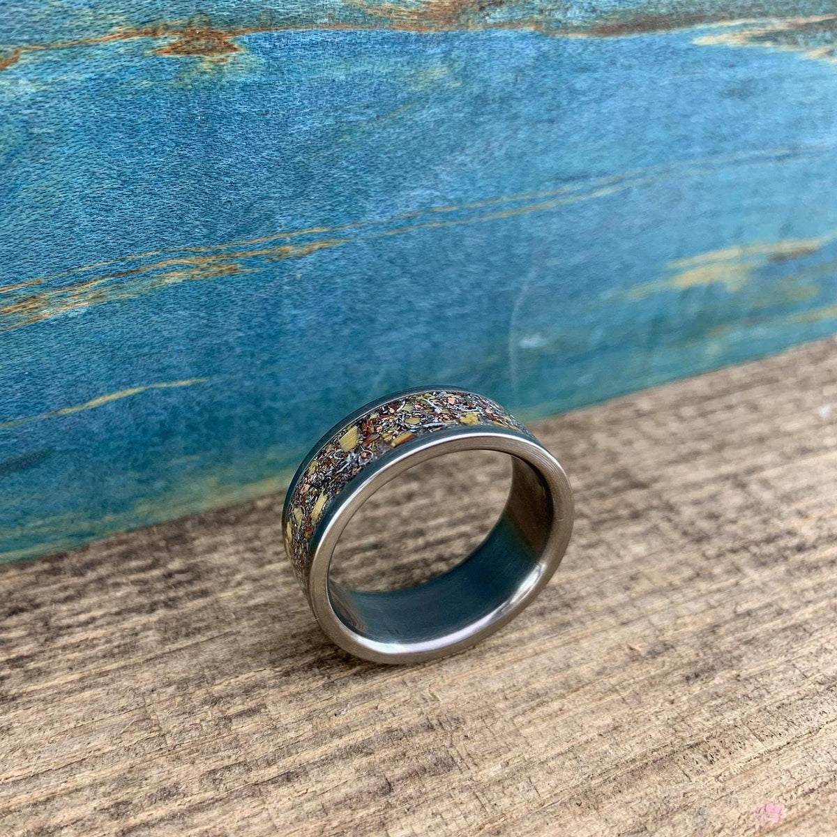 Meteorite Ring with Dinosaur Bone Inlay - Titanium Men's Wedding Band - Engraved