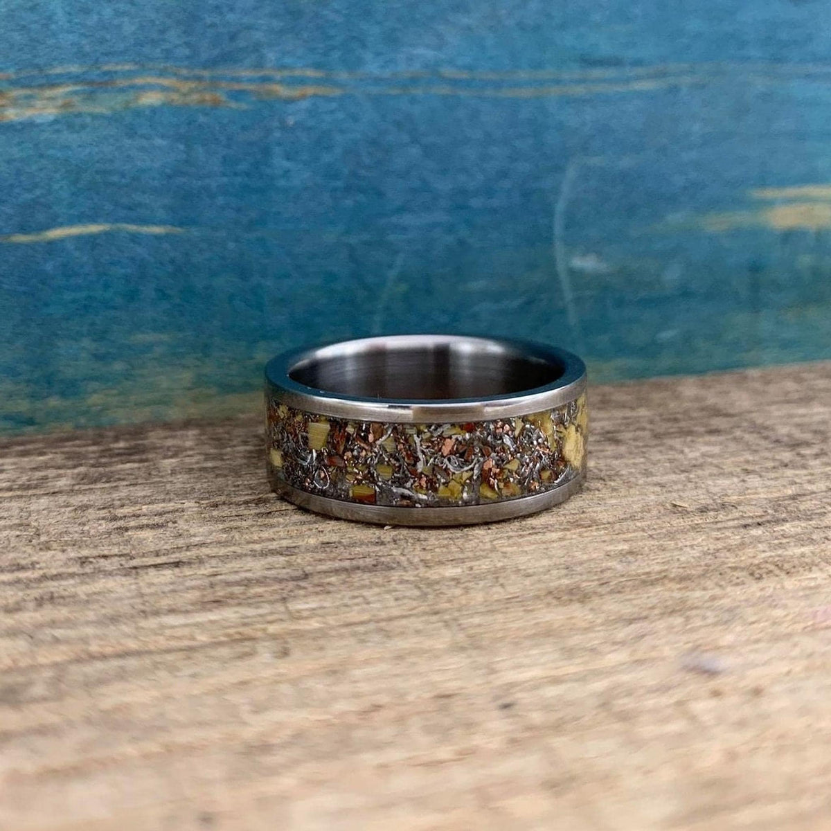 Meteorite Ring with Dinosaur Bone Inlay - Titanium Men's Wedding Band - Engraved