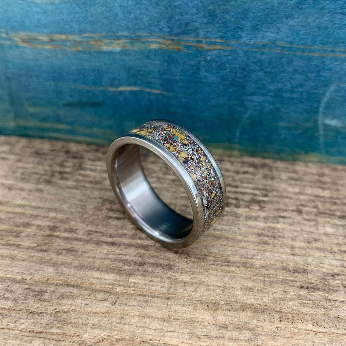 Meteorite Ring with Dinosaur Bone Inlay - Titanium Men's Wedding Band - Engraved