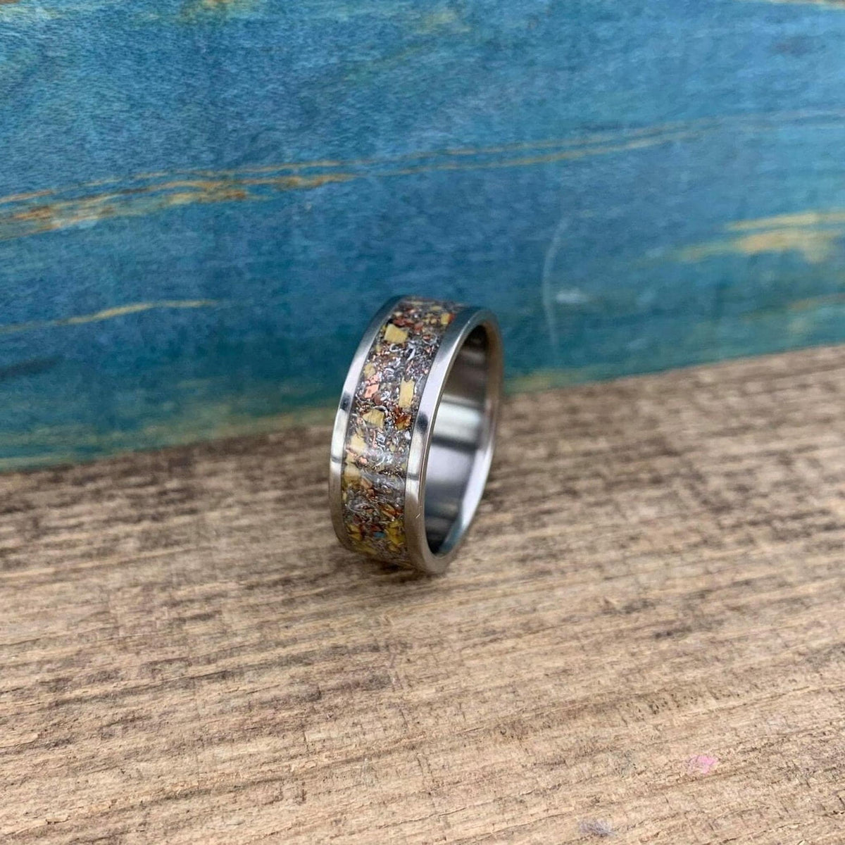 Meteorite Ring with Dinosaur Bone Inlay - Titanium Men's Wedding Band - Engraved