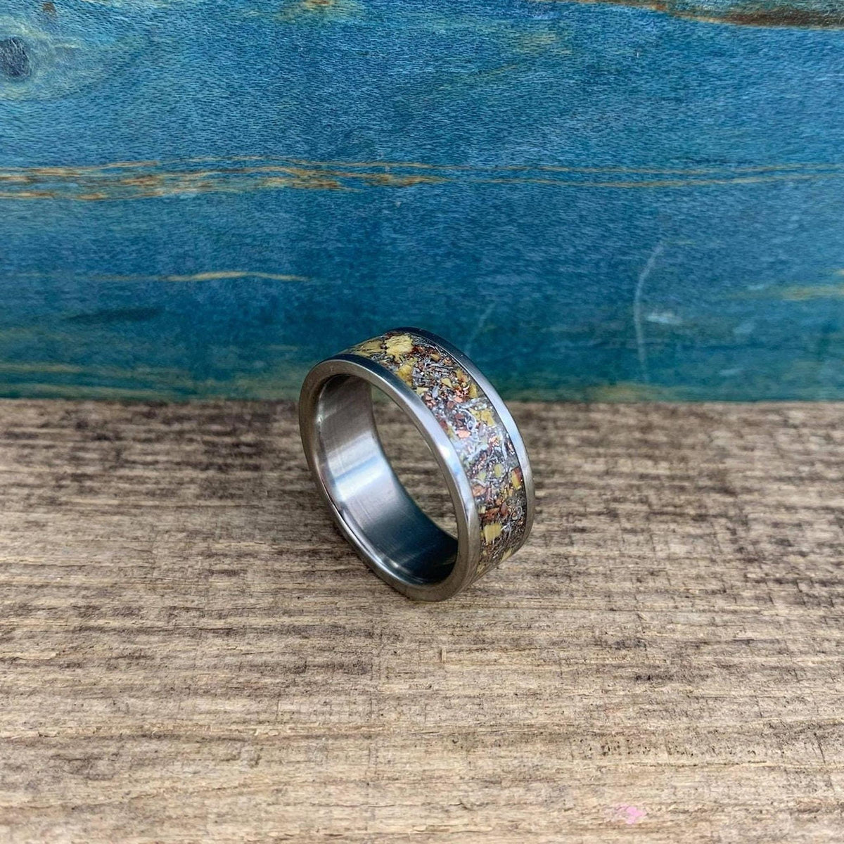 Meteorite Ring with Dinosaur Bone Inlay - Titanium Men's Wedding Band - Engraved