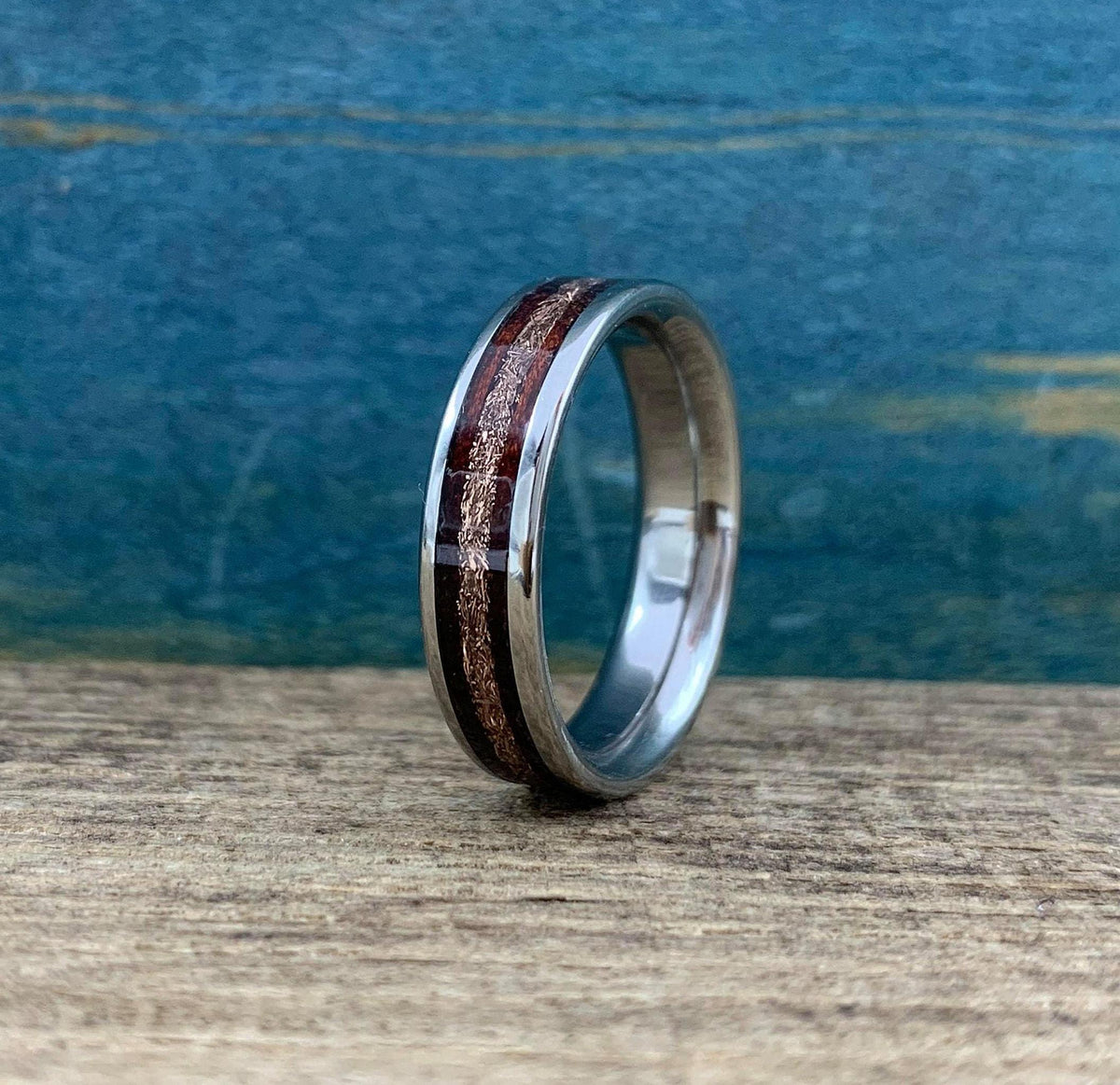 Rose Gold Wedding Band with Rosewood Inlay - Titanium Ring - Engraved
