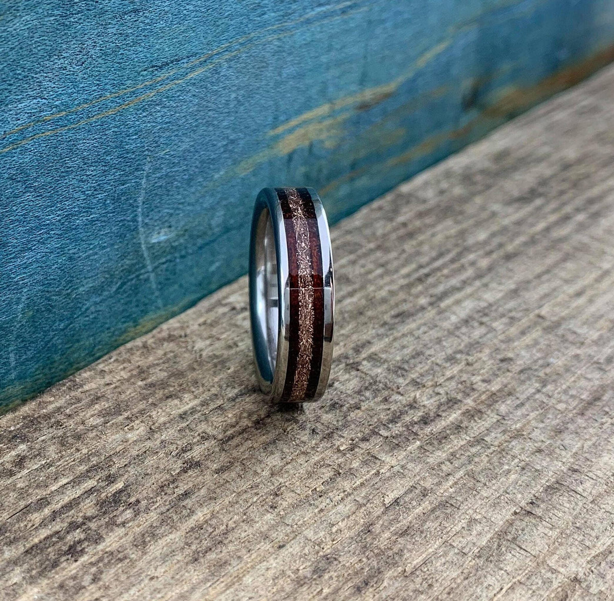 Rose Gold Wedding Band with Rosewood Inlay - Titanium Ring - Engraved