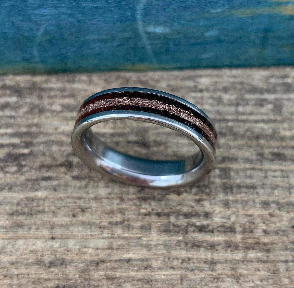Rose Gold Wedding Band with Rosewood Inlay - Titanium Ring - Engraved