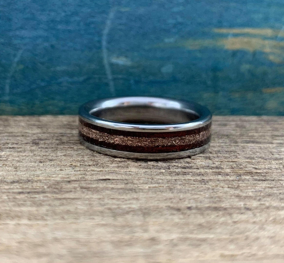 Rose Gold Wedding Band with Rosewood Inlay - Titanium Ring - Engraved