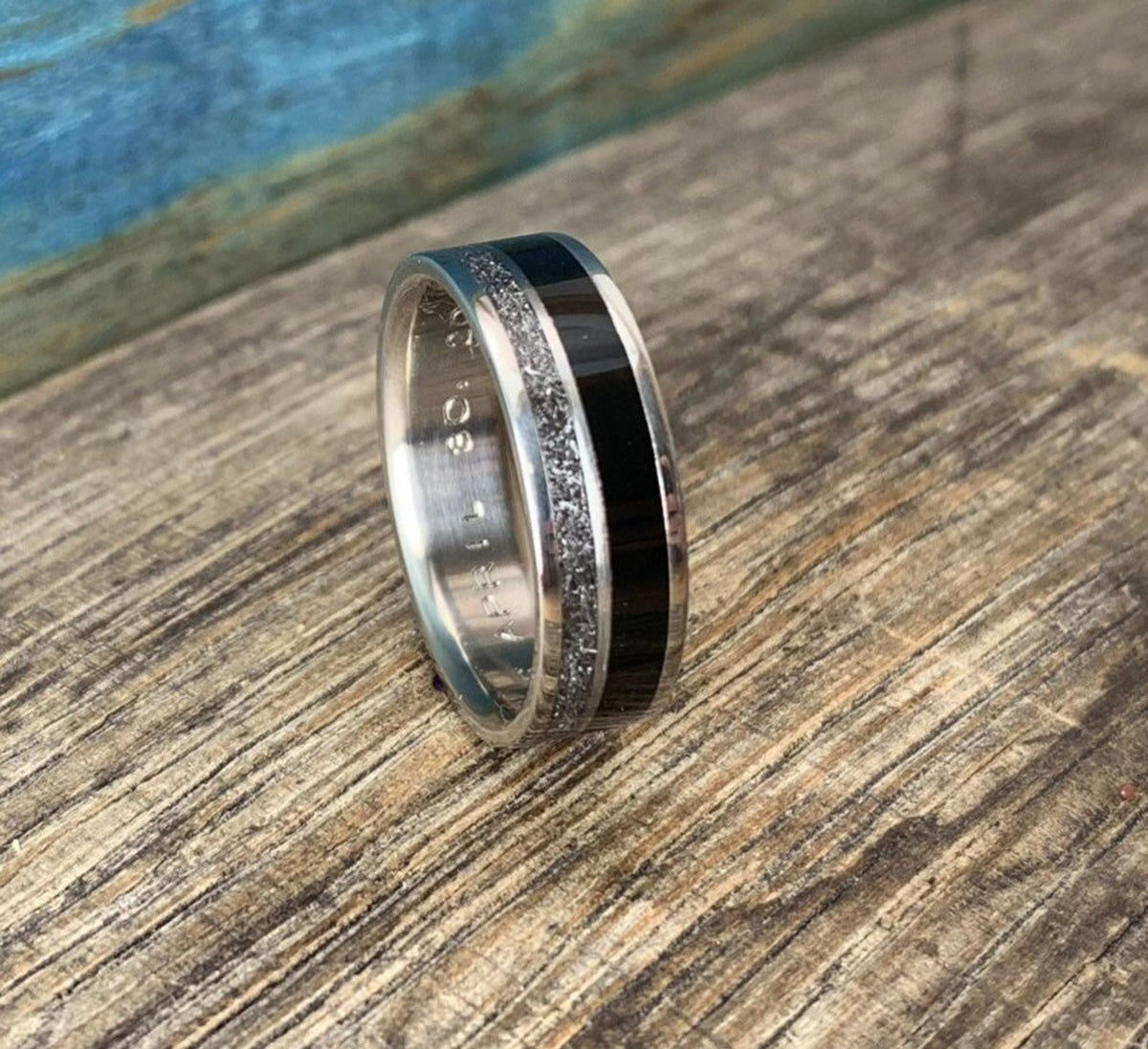 Mens Meteorite Ring with Ebony Inlay - Custom Made Titanium Wedding Band