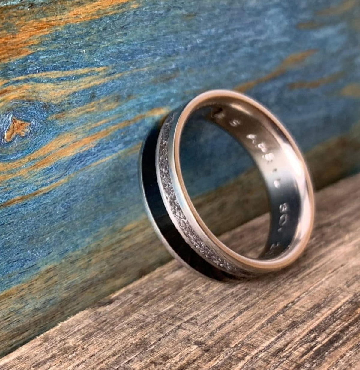 Mens Meteorite Ring with Ebony Inlay - Custom Made Titanium Wedding Band