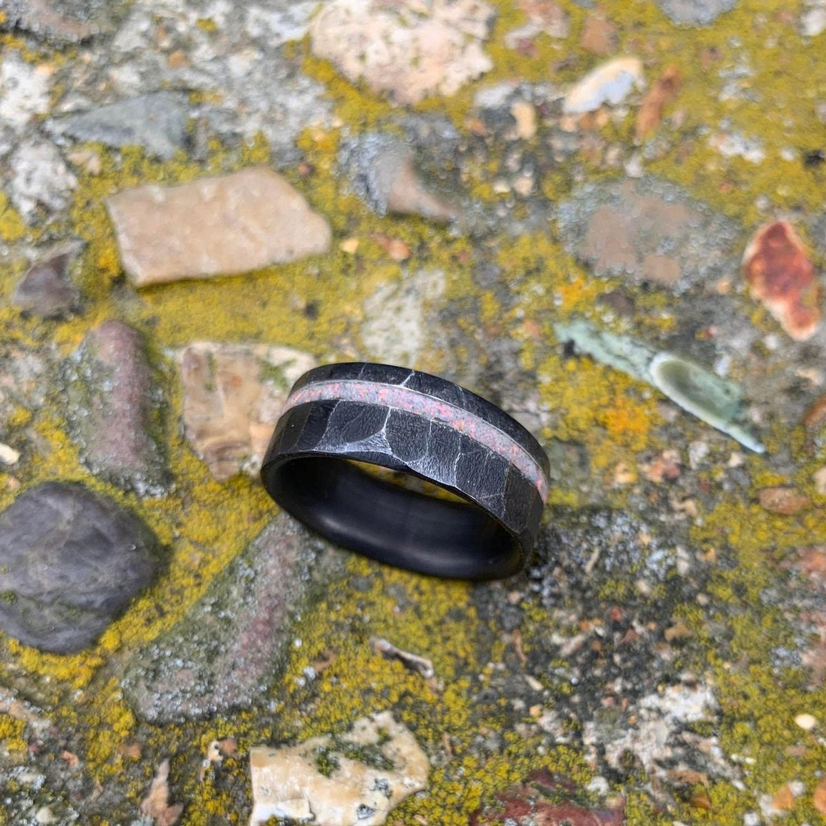 Men's Titanium Ring with White Fire Opal Inlay - Custom Wedding Band