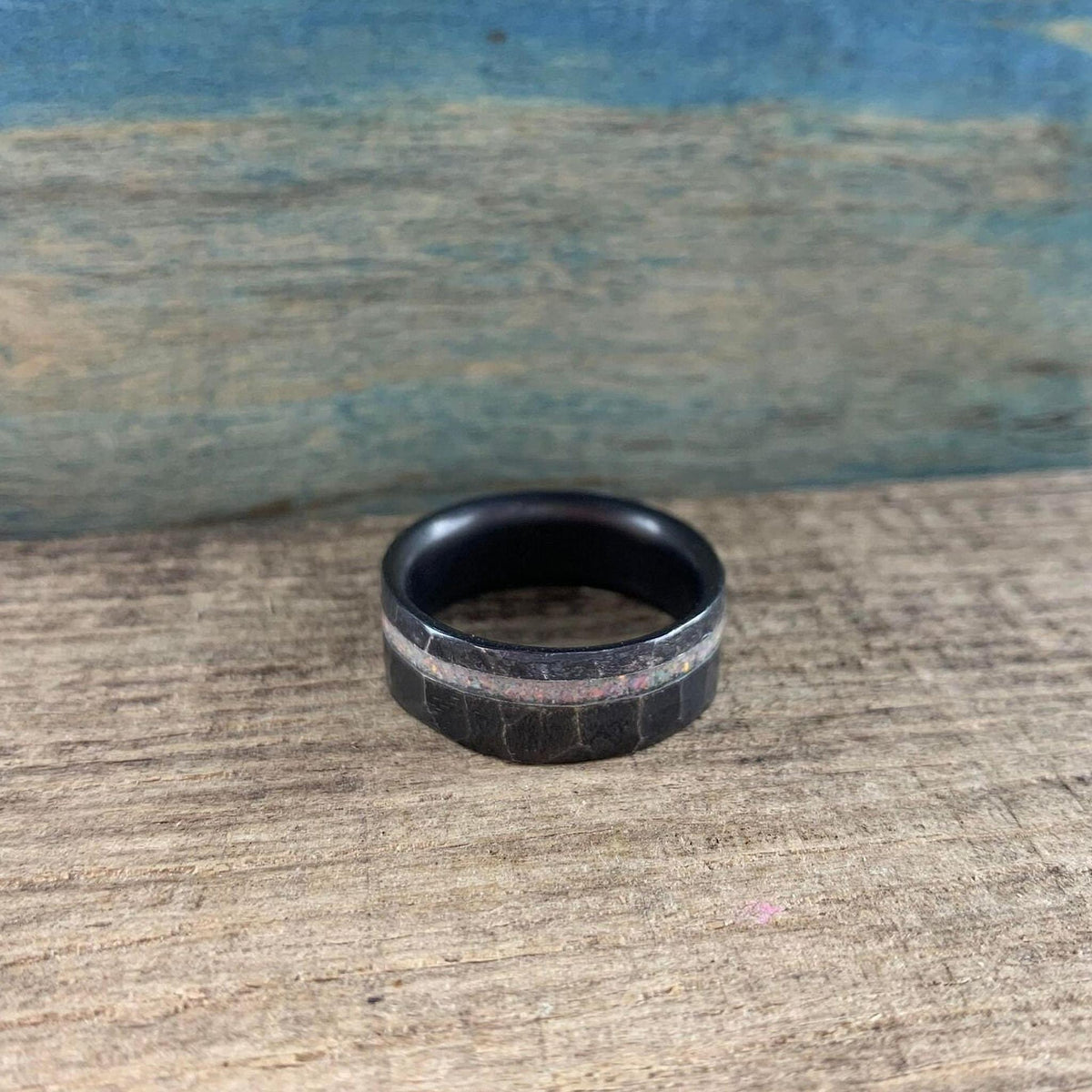 Men's Titanium Ring with White Fire Opal Inlay - Custom Wedding Band