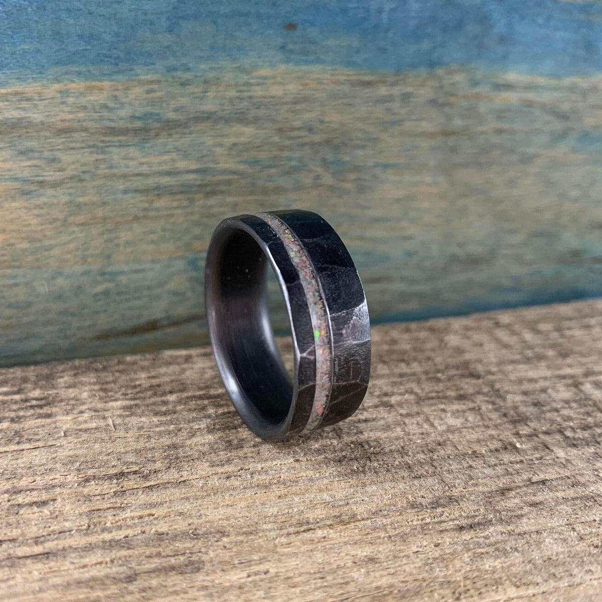 Men's Titanium Ring with White Fire Opal Inlay - Custom Wedding Band
