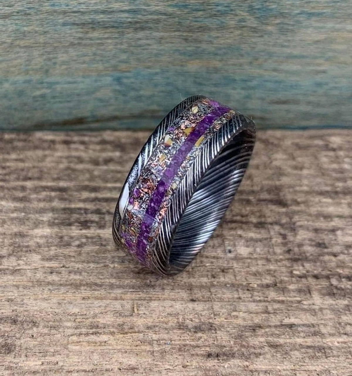 Damascus Steel Ring with Dinosaur Bone and Meteorite Inlay -  Men's Wedding Band