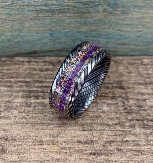 Damascus Steel Ring with Dinosaur Bone and Meteorite Inlay -  Men's Wedding Band