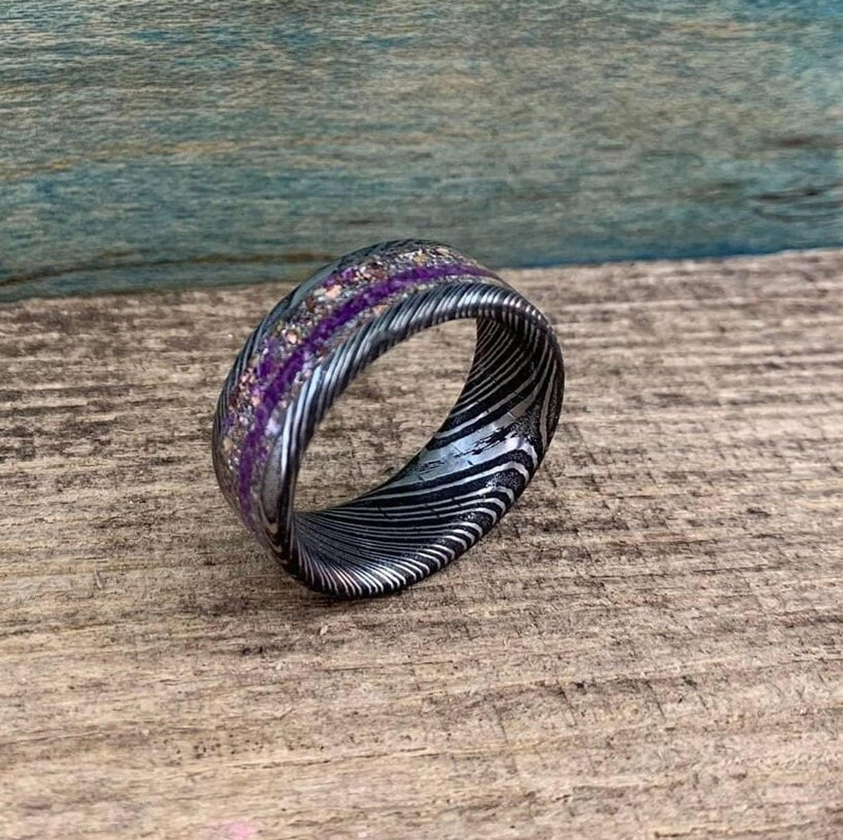 Damascus Steel Ring with Dinosaur Bone and Meteorite Inlay -  Men's Wedding Band