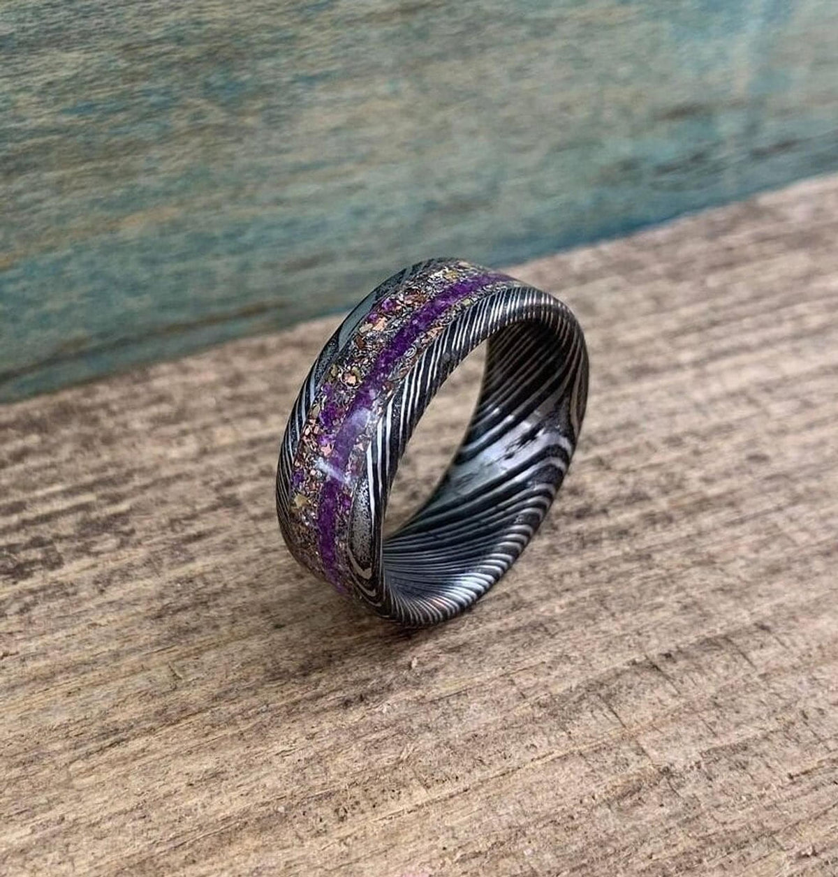 Damascus Steel Ring with Dinosaur Bone and Meteorite Inlay -  Men's Wedding Band