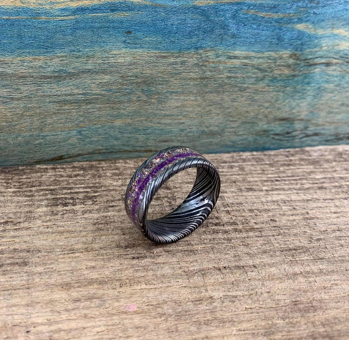 Damascus Steel Ring with Dinosaur Bone and Meteorite Inlay -  Men's Wedding Band