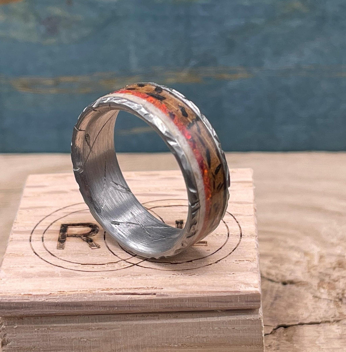 titanium ring with oak wood inlay, oak wood ring, opal ring, men's ring, deer antler ring, handmade jewelry