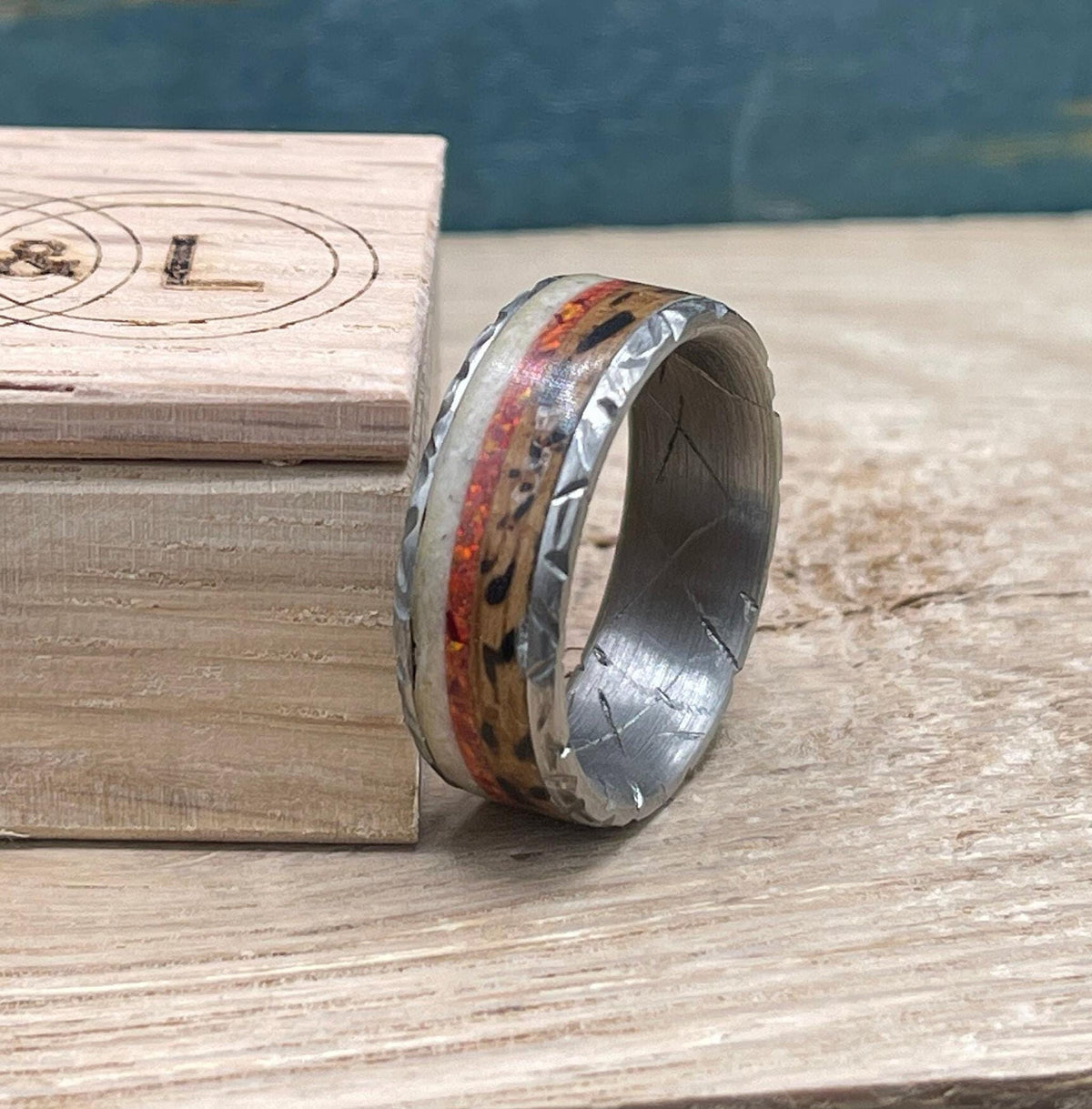 titanium ring with oak wood inlay, oak wood ring, opal ring, men's ring, deer antler ring, handmade jewelry