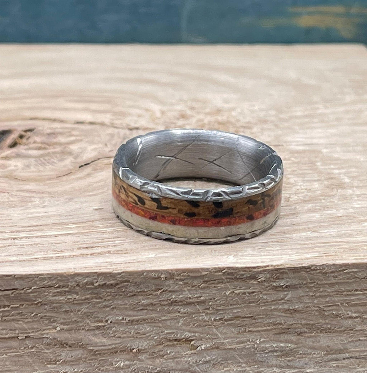 titanium ring with oak wood inlay, oak wood ring, opal ring, men's ring, deer antler ring, handmade jewelry