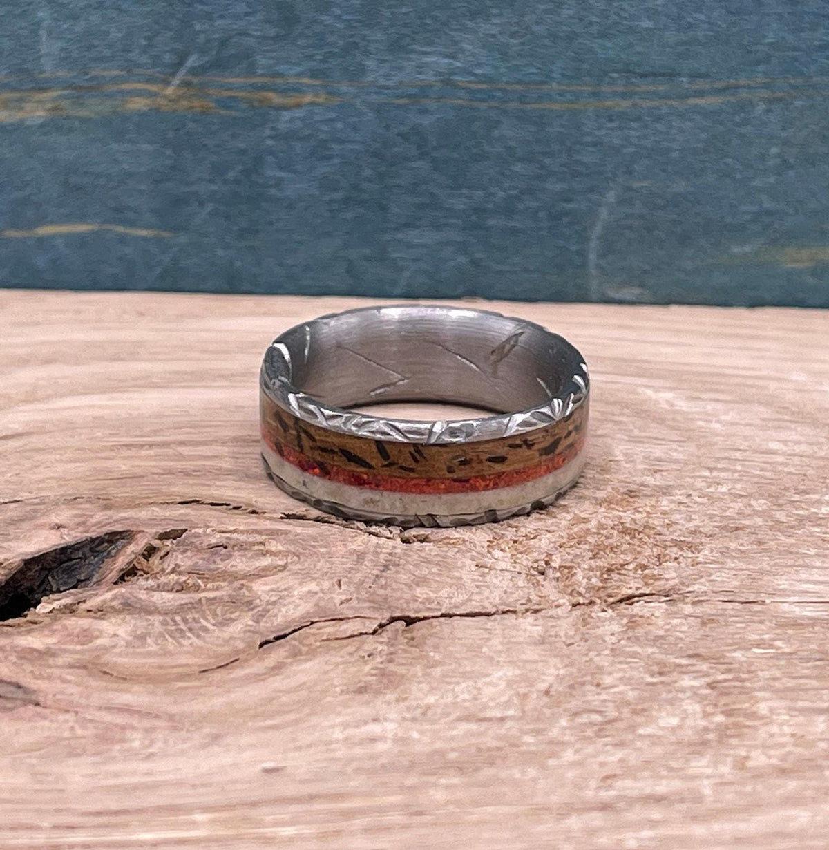 titanium ring with oak wood inlay, oak wood ring, opal ring, men's ring, deer antler ring, handmade jewelry