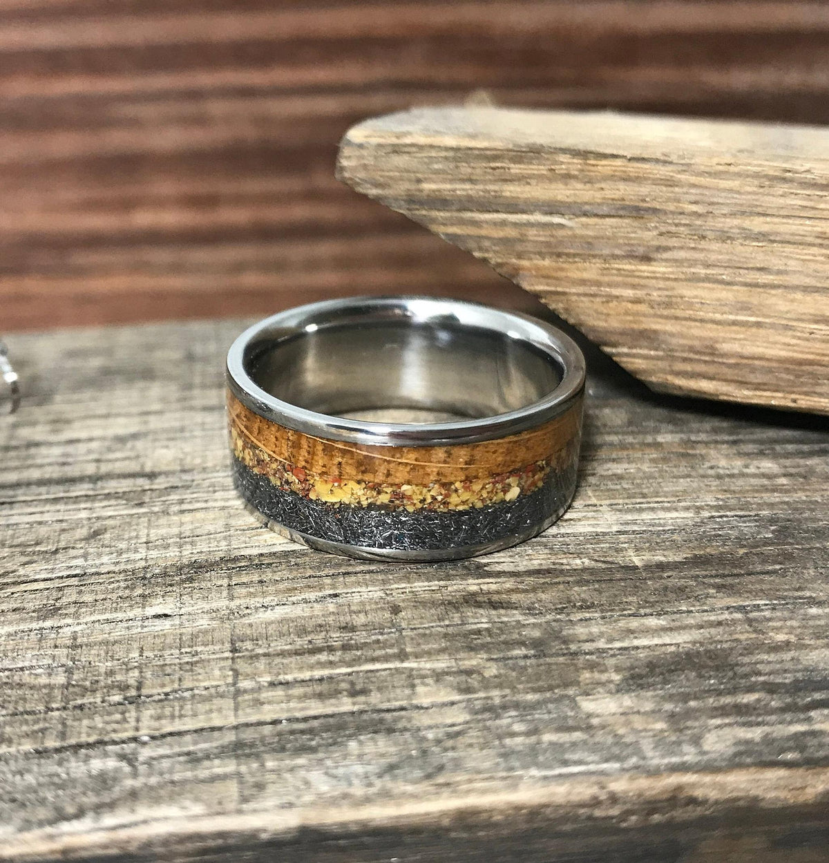 Dinosaur Bone Ring with Meteorite and Whiskey Barrel Wood - Titanium, Engraved