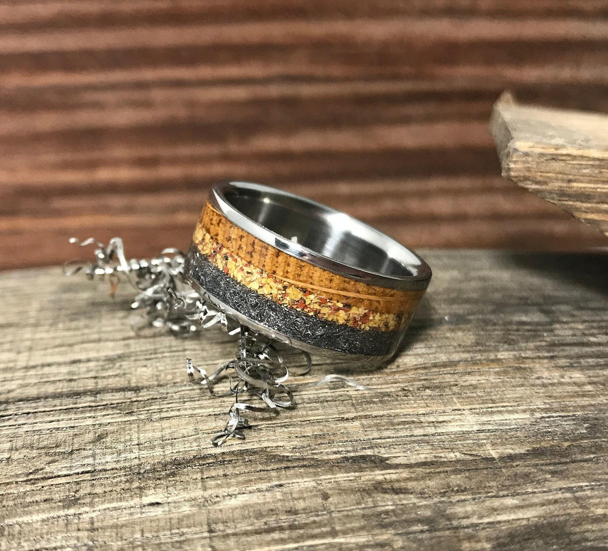 Dinosaur Bone Ring with Meteorite and Whiskey Barrel Wood - Titanium, Engraved
