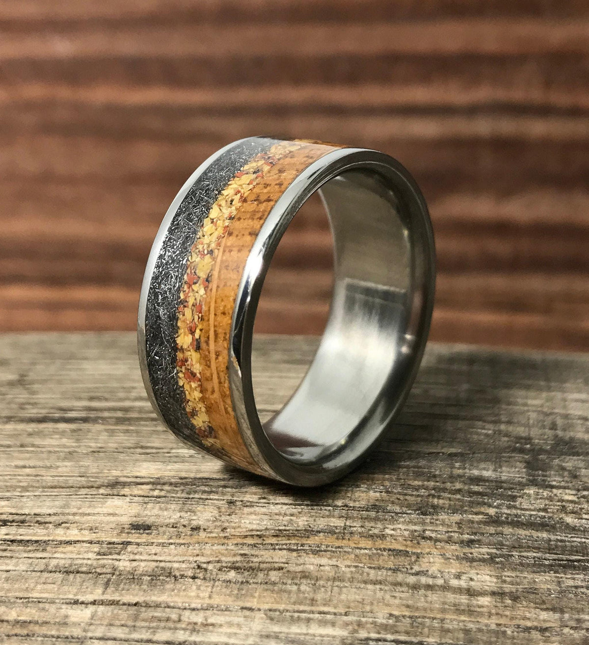 Dinosaur Bone Ring with Meteorite and Whiskey Barrel Wood - Titanium, Engraved