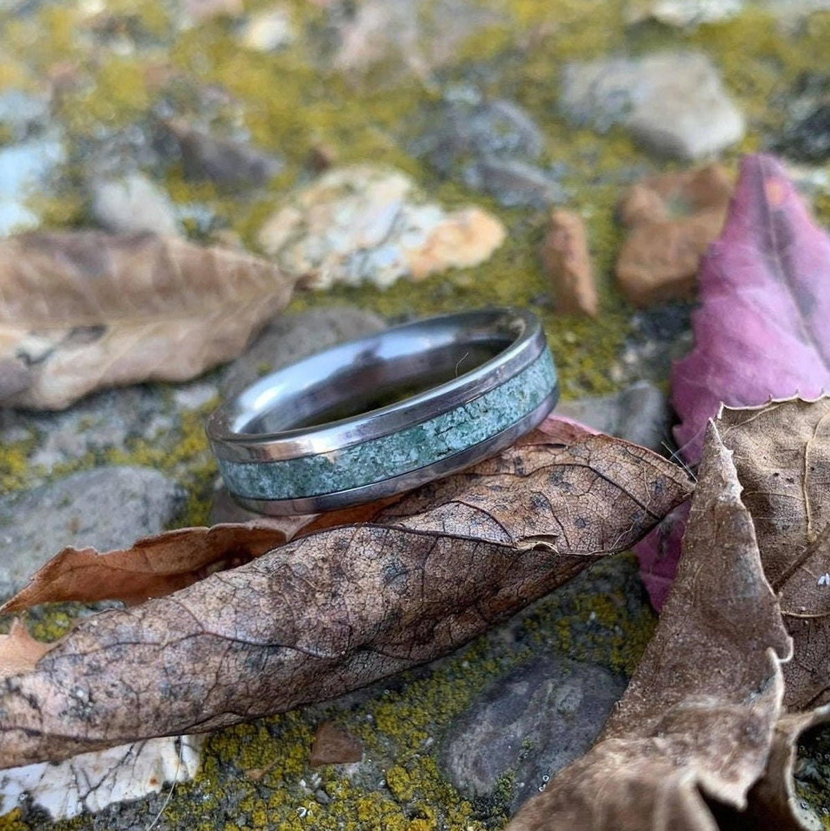 Moss Agate Ring  - Titanium Wedding Band - Engraved