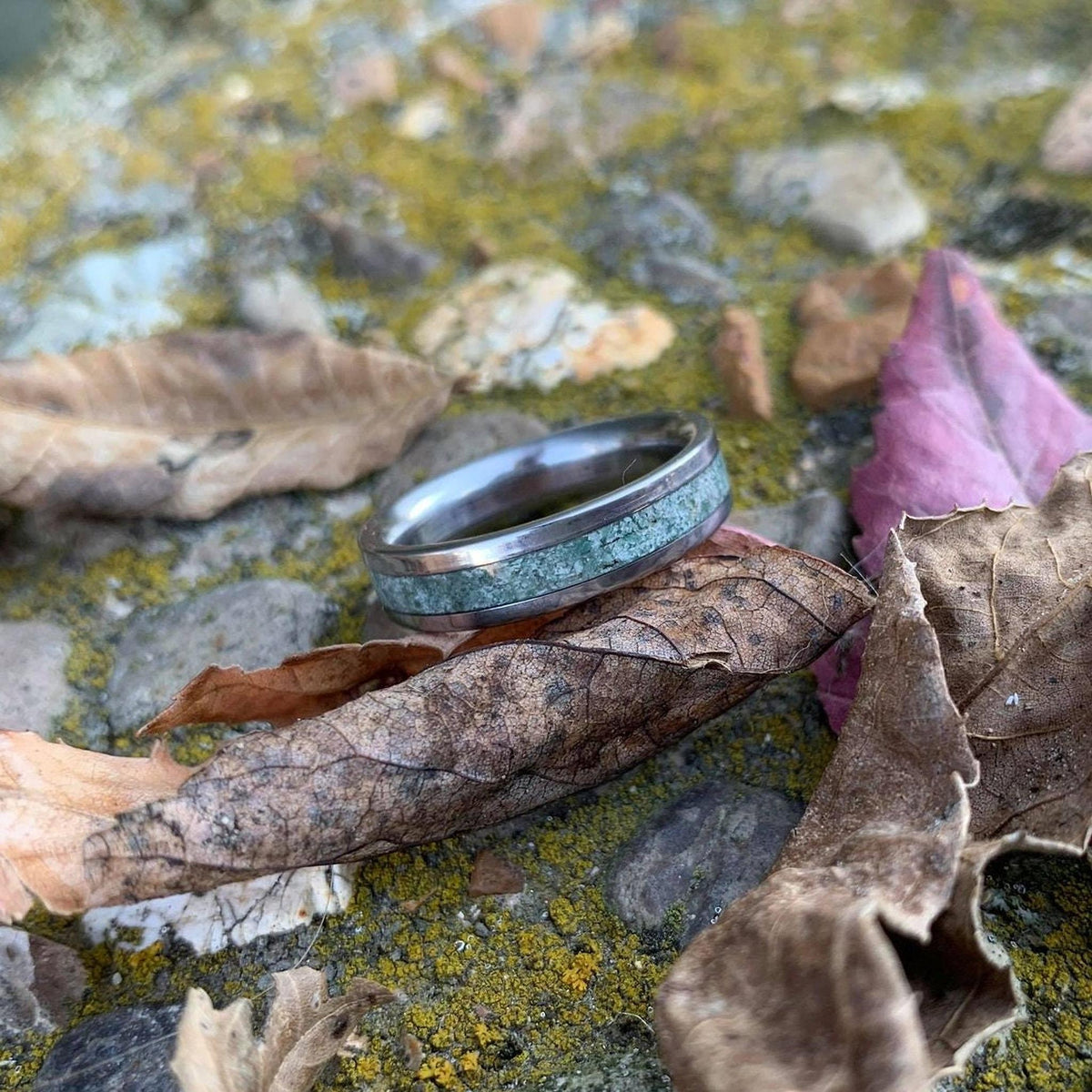 Moss Agate Ring  - Titanium Wedding Band - Engraved